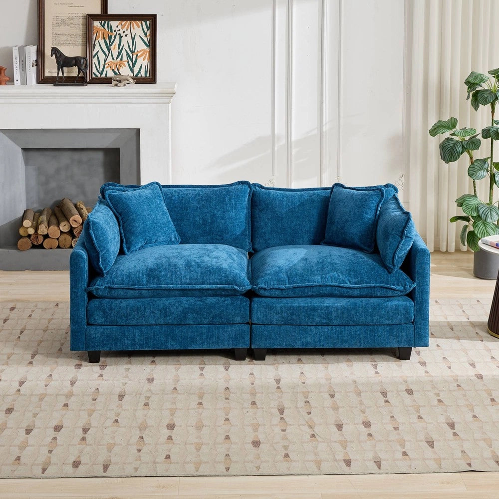 Divano 2 posti velluto blu imbottito ¨C Minimal ¨C tessuto chenille cuscini 160x90x85