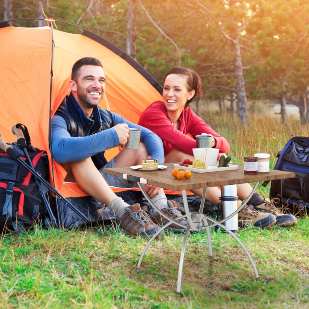 Tavolo da picnic leggero estendibile con piano effetto legno in alluminio-Set di 2 tavoli da campeggio pieghevoli Naturale