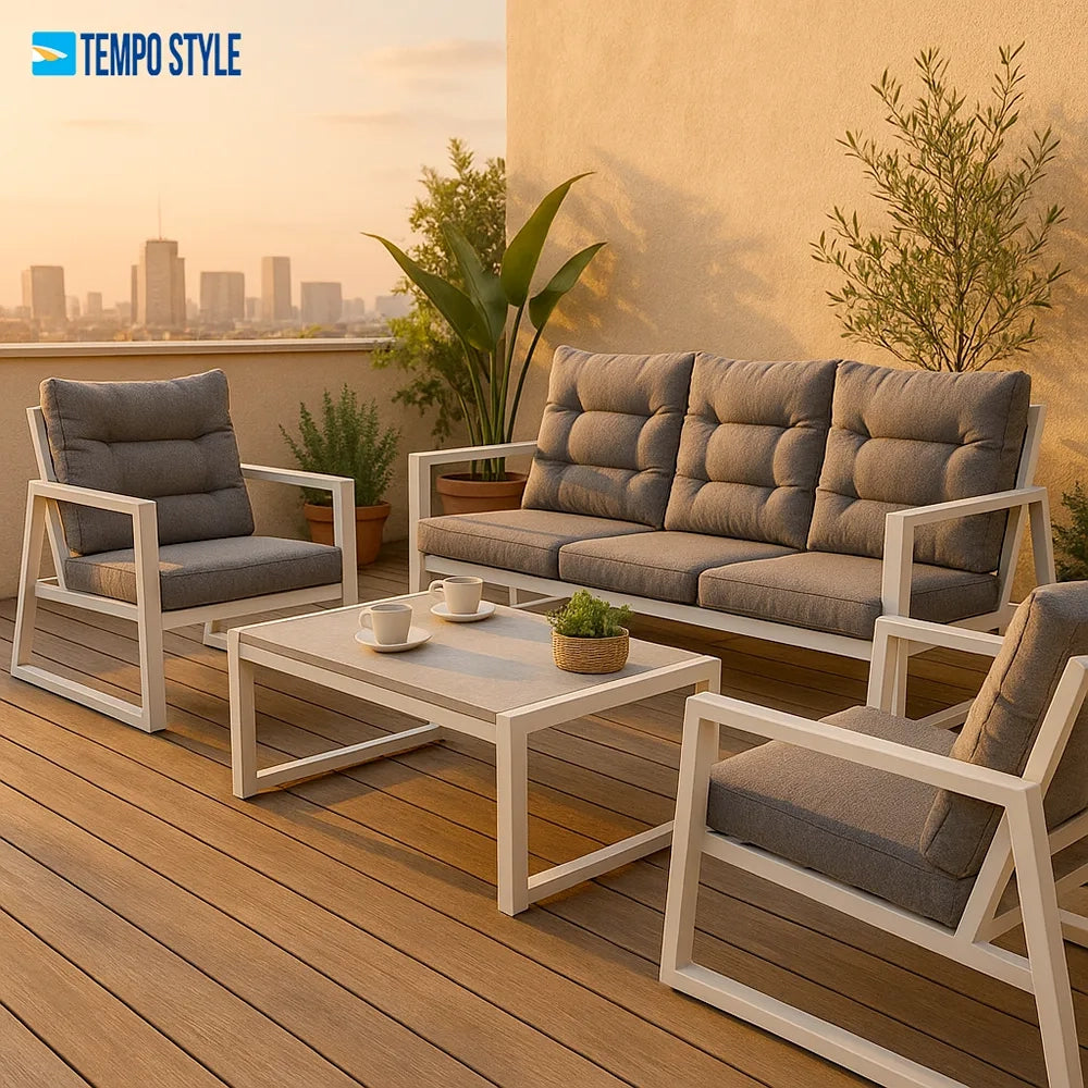 Tempo Style - Salottino Lounge in alluminio MIKONOS PLUS bianco/grigio | Lounge da giardino con divano, tavolo, 2 poltrone e cuscini | Set di mobili da giardino in metallo da 5 persone