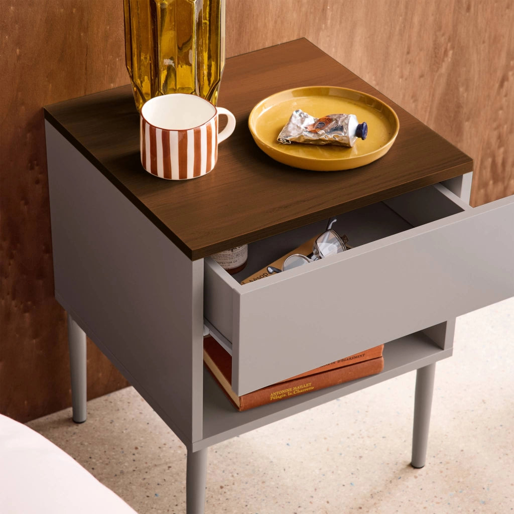 Comodino in metallo e decorazione in legno 1 anta 1 vano, grigio