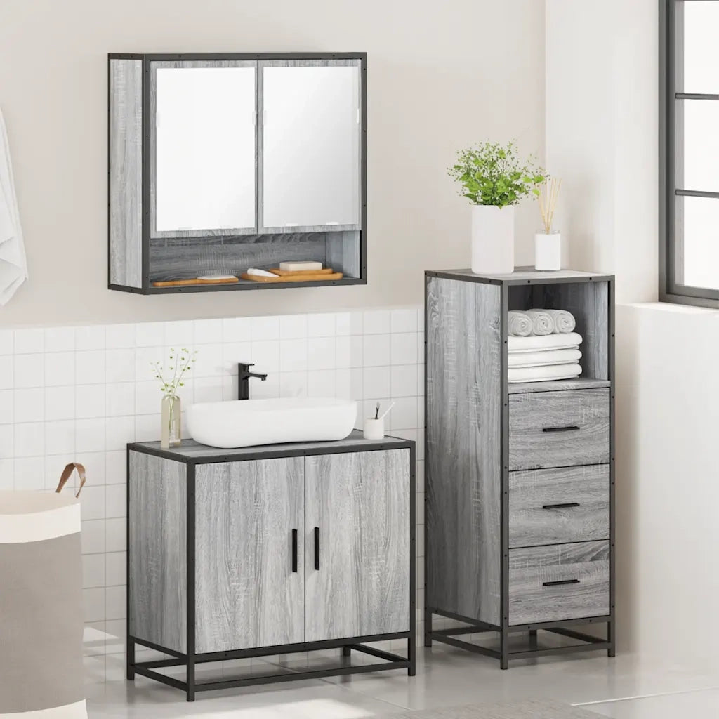 Set Mobili da Bagno 3 pz Grigio Sonoma in Legno Multistrato 3301038