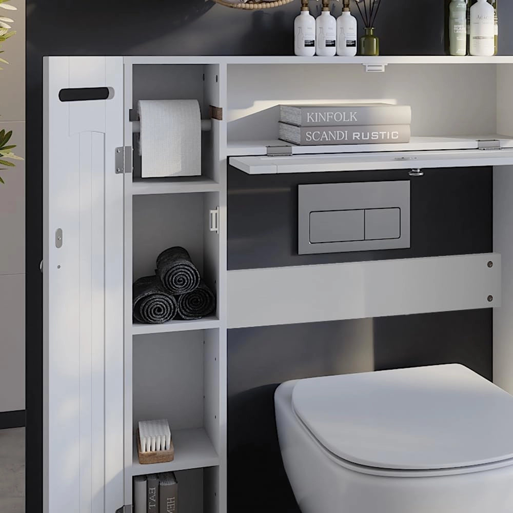 Armadietto per toilette Bianco, Bianco, 89 x 99 cm Distributore di carta igienica a destra e a sinistra, per montaggio a parete sopra il WC con sistema di erogazione integrato