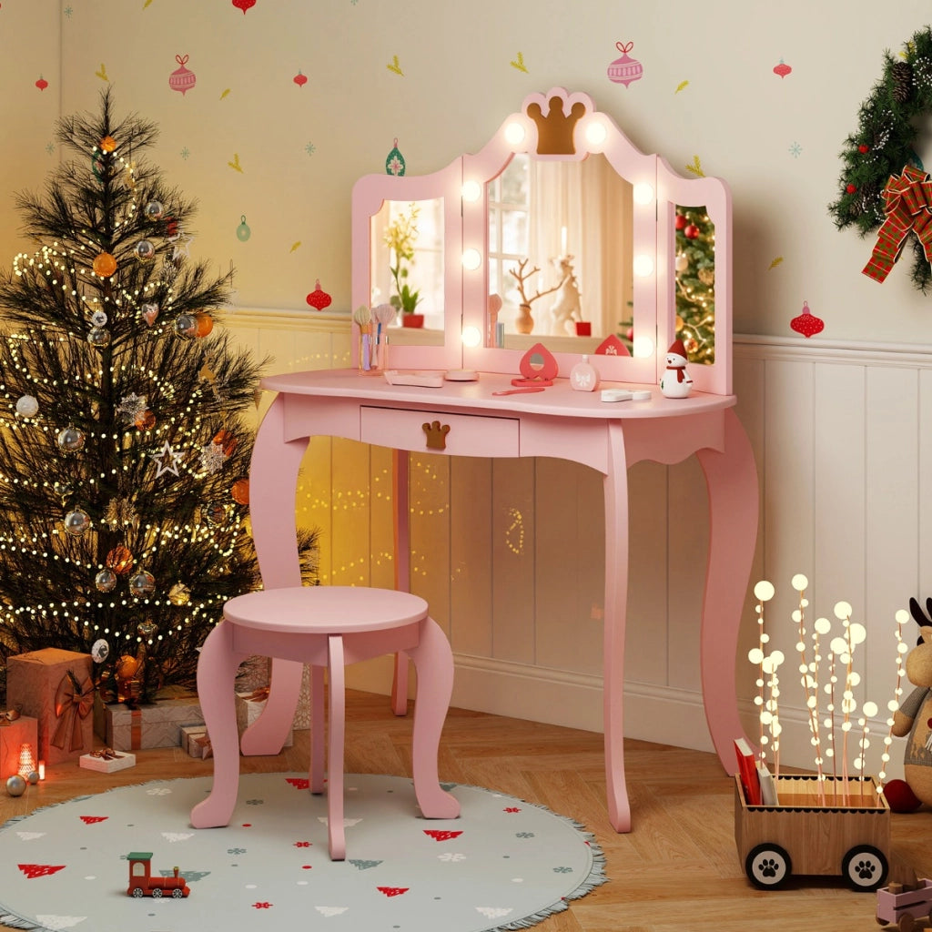 Set da trucco per bambini con specchio illuminato, Set da trucco con tavolo e sedia con specchio Rosa