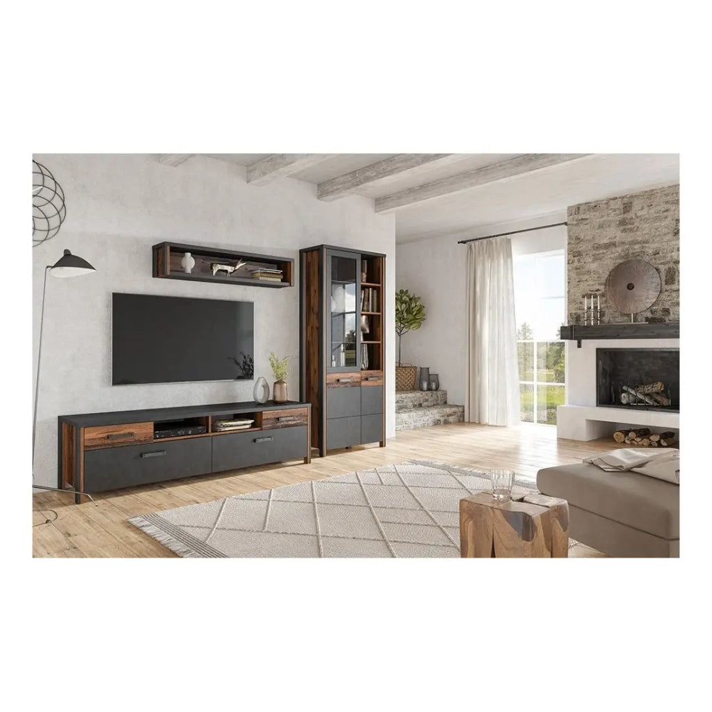 Mobile per TV WINDSOR grigio antracite e rovere scuro - 190 cm - 2 porte, 2 cassetti, 2 vani - 187 x 52.6 x 50.4 cm
