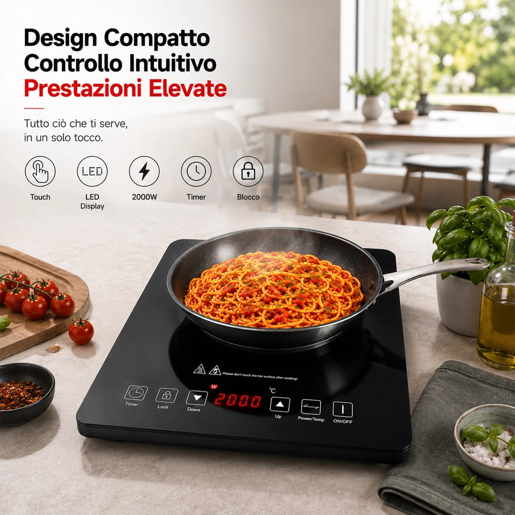Piastra Fornello Elettrico a Induzione 1 Fuoco per Cucina Cottura Omogenea 2000W