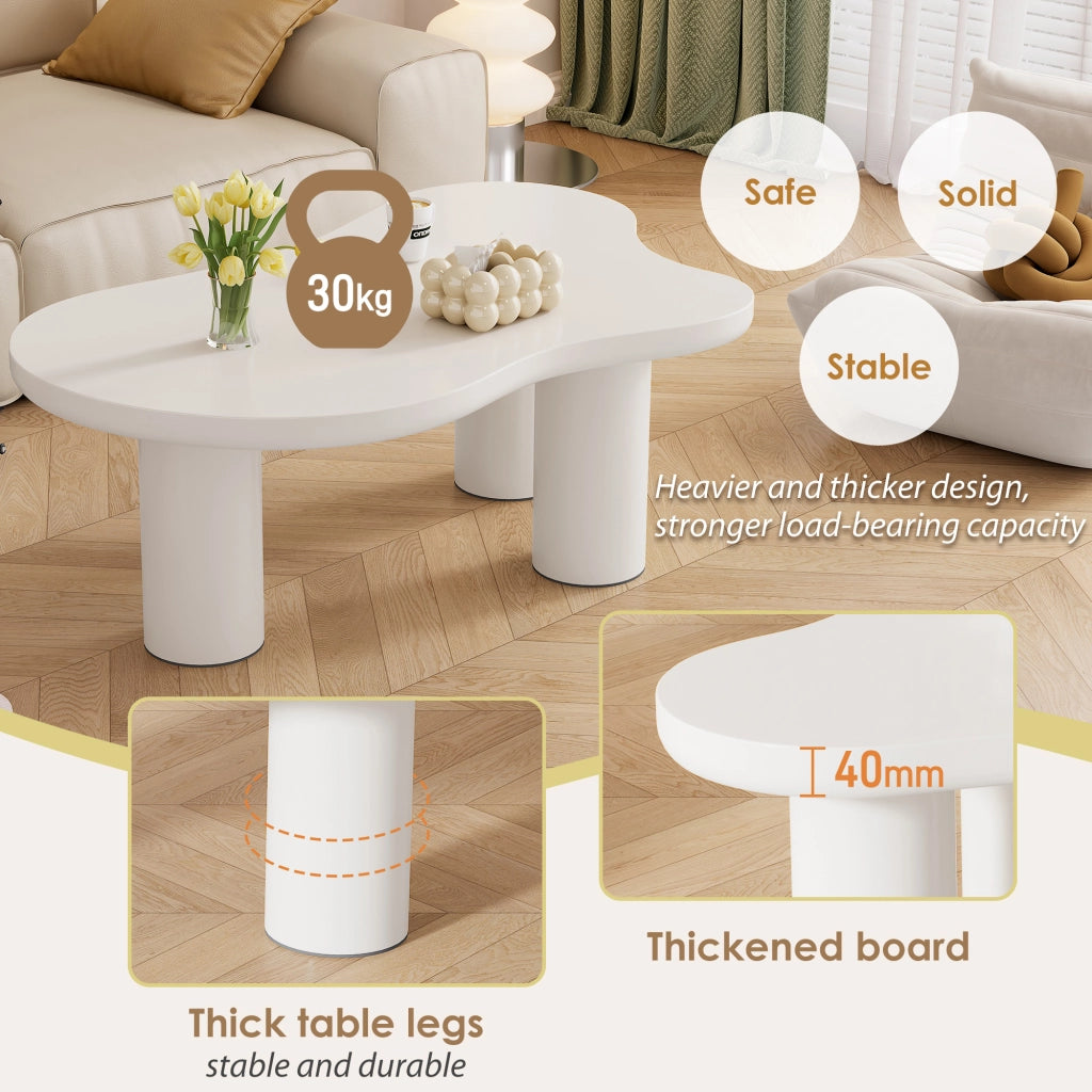 Tavolino da caffè con piano sagomato e 3 gambe; con feltrini - per soggiorno - in MDF e PVC - 107×66×40.5 cm - bianco