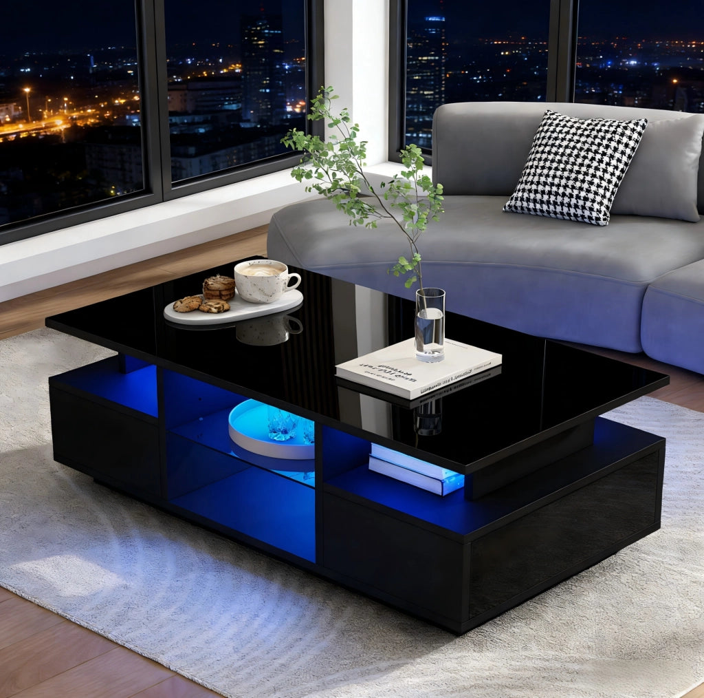 Tavolino da caffè 100x50x36 cm con LED; 2 cassetti e ripiani in vetro; nero lucido