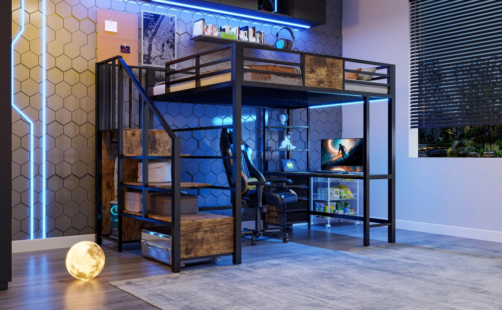 Letto a soppalco 140 × 200 cm con scrivania, mensole, LED e presa elettrica, senza materasso, nero