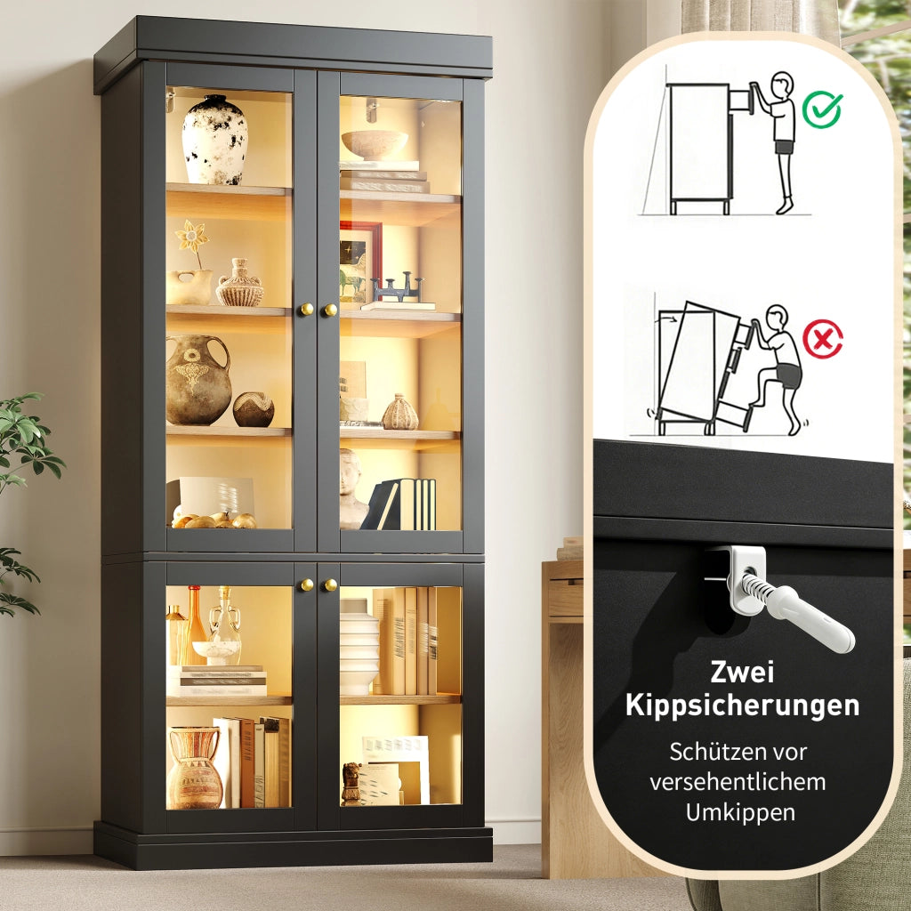 Armadio con LED e 2 sistemi antiribaltamento, ripiani regolabili, per soggiorno e camera da letto, nero 160 × 40 × 180 cm