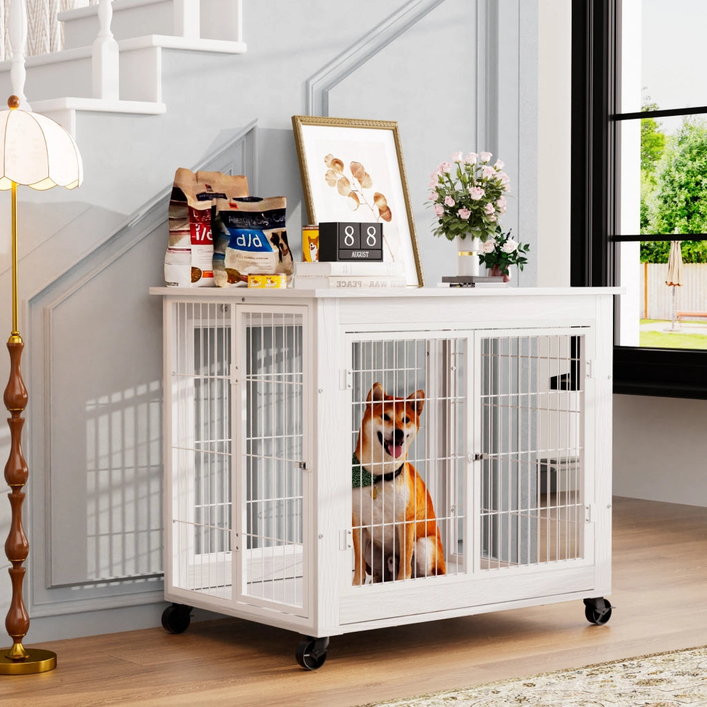 Cassa per cani in stile mobile con doppia porta, apertura superiore ribaltabile, ruote, pannelli in truciolare e acciaio bianco 80 × 56 × 69.5 cm