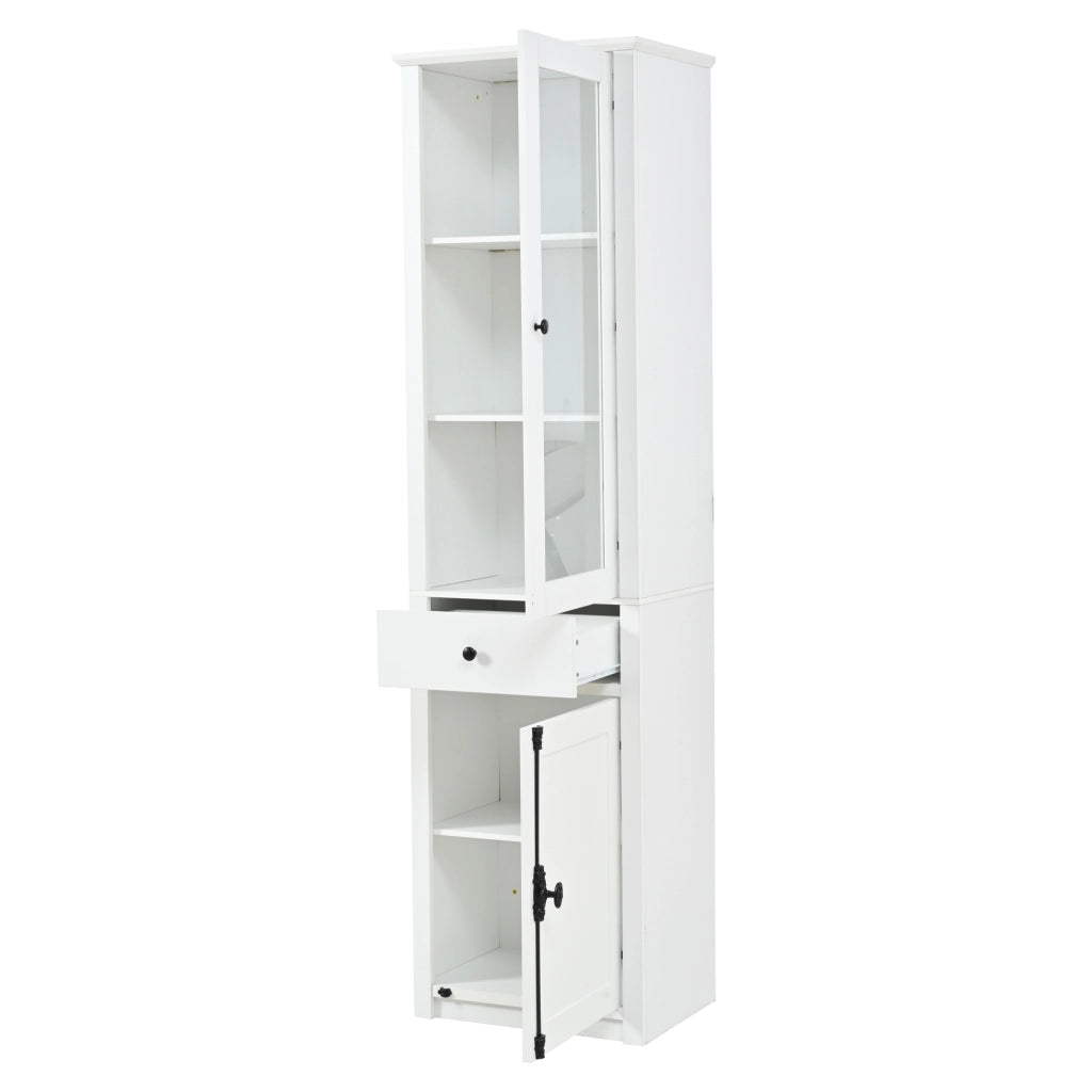 Vetrina alta con LED, 2 ante e 1 cassetto, 5 ripiani e vani contenitore, per soggiorno, in truciolato bianco 55 × 40 × 200 cm