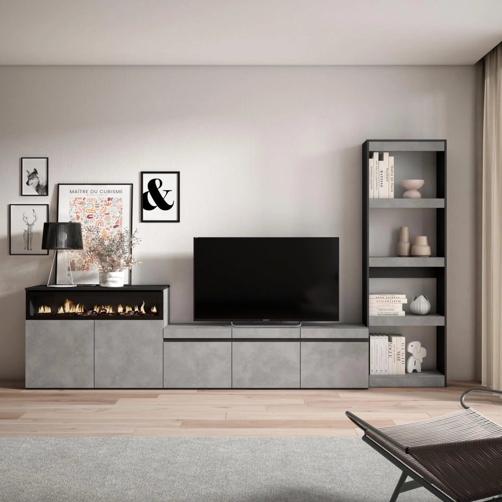 Mobile TV, Soggiorno, 310x35x186cm, Per TV fino a 65", Camino elettrico, grigio cemento RF3167