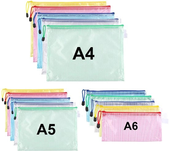 Set di 15 borse documentali A4+A5+A6, borse impermeabili con cerniera, borse con cerniera per ufficio, scuola e documentazione, contenenti 5 colori.
