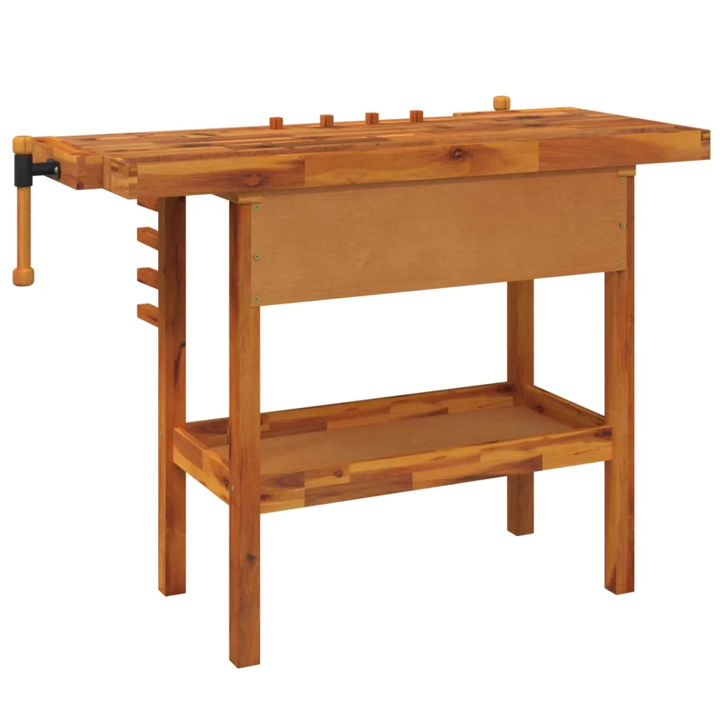 Banco da lavoro con cassetto e morse 124x52x83 cm in legno massello di acacia 153320