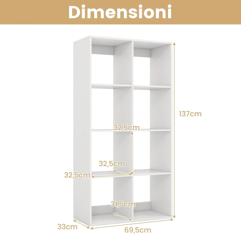 Libreria a 8 Cubi, Scaffale con Sbarra di Protezione Posteriore e Kit Anti-Ribaltamento, Organizer a 4 Livelli Autonomo con Ripiani per Soggiorno, Camera da Letto, Studio, 69,5 x 33 x 137 cm