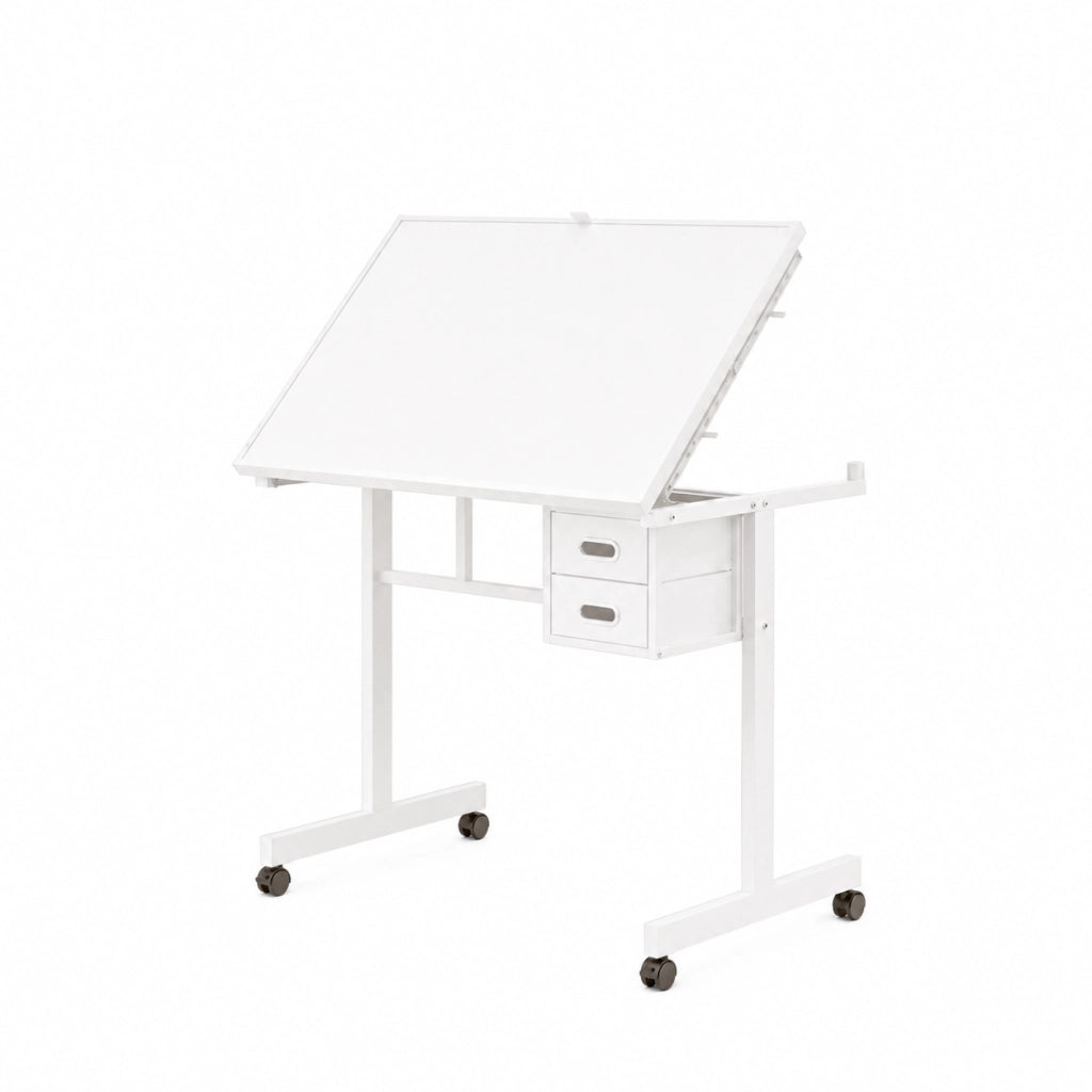 Scrivania dritta con piano coperto e 4 cassetti in feltro, ruote bloccabili, per hobby, MDF e metallo, bianca