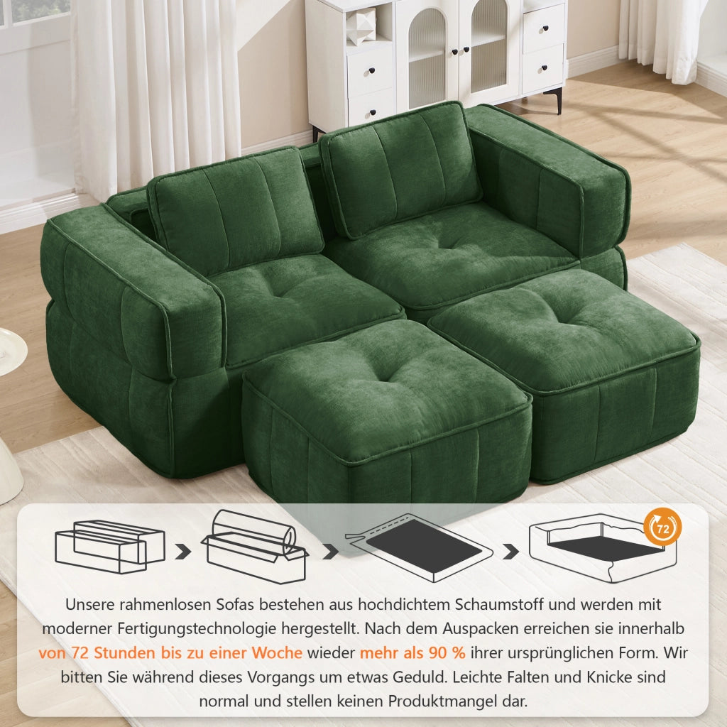 Divano modulare a 2 posti con due pouf e seduta profonda senza struttura portante in poliestere verde 198 × 162 × 67 cm