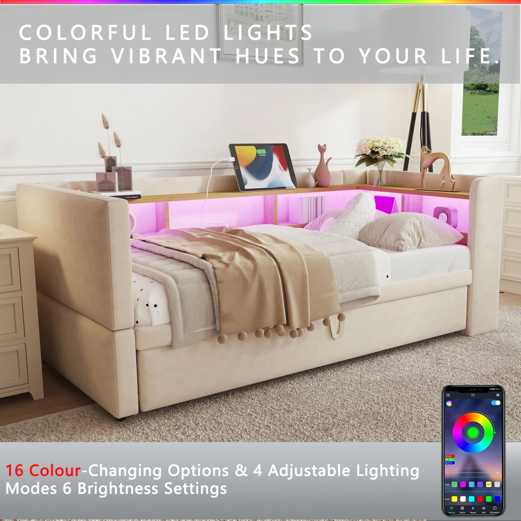 DIVANO LETTO Estraibile 90/180 x 190 cm in flanella Beige con LED e prese