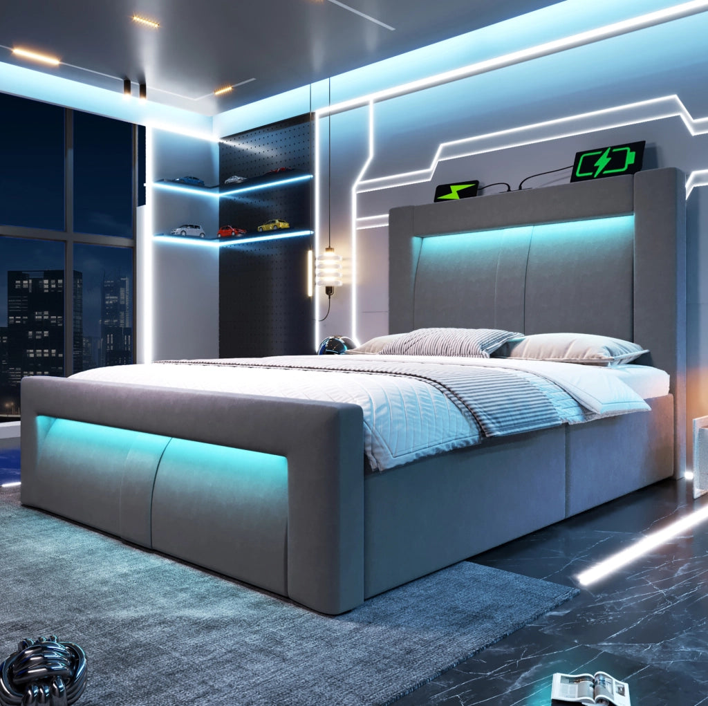 Letto singolo 90x200 cm con vano contenitore, LED e porte di ricarica