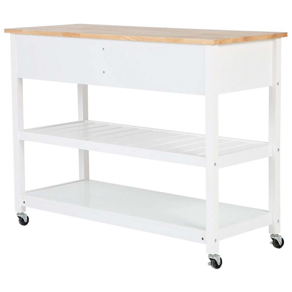 Carrello Cucina Bianco Legno Chiaro Piano 2 Ripiani 2 Posate Cassetti Rotelle Scandinavo Moderno