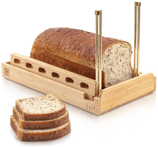 Macchina per tagliare il pane in bambù - Guida di taglio regolabile 16,5 cm - 4 opzioni di spessore - Inclusa lama per briciole - Duraturo e di alta qualità - Taglia pane