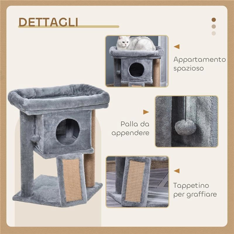 ALBERO PER GATTI CON CASETTA PER GATTI E LETTINO IN PELUCHE, TIRAGRAFFI IN JUTA E PALLINA, GRIGIO
