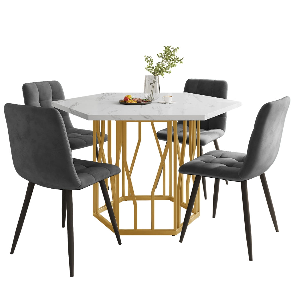 Tavolo da pranzo esagonale con piano effetto marmo e base in metallo, per soggiorno, 115,5 × 100 × 75 cm