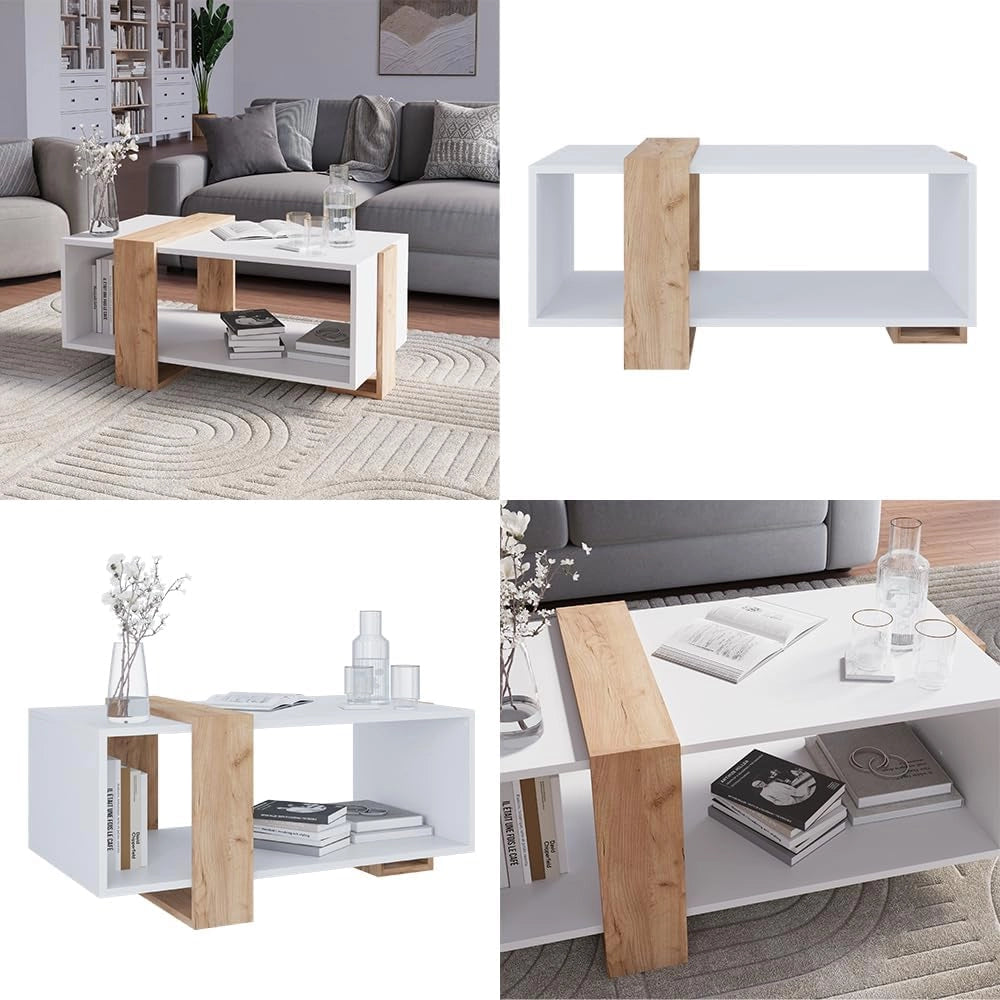 Tavolino Aven, Rovere bianco/dorato, 91.5 x 52 cm, con ripiano aggiuntivo per libri e riviste