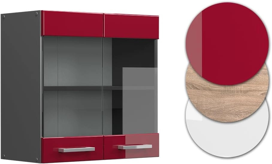 Mobile da cucina in vetro R-Line, Rosso lucido, 60 cm, per la libera combinazione all'interno di sistemi cucina modulari