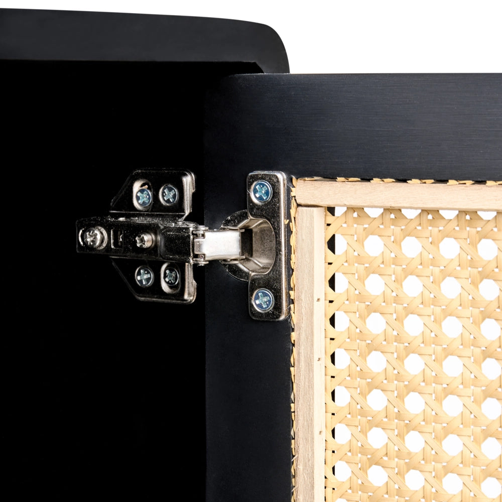 Comodino in rattan sintetico nero con fronte MDF impiallacciato stile boho soggiorno camera da letto