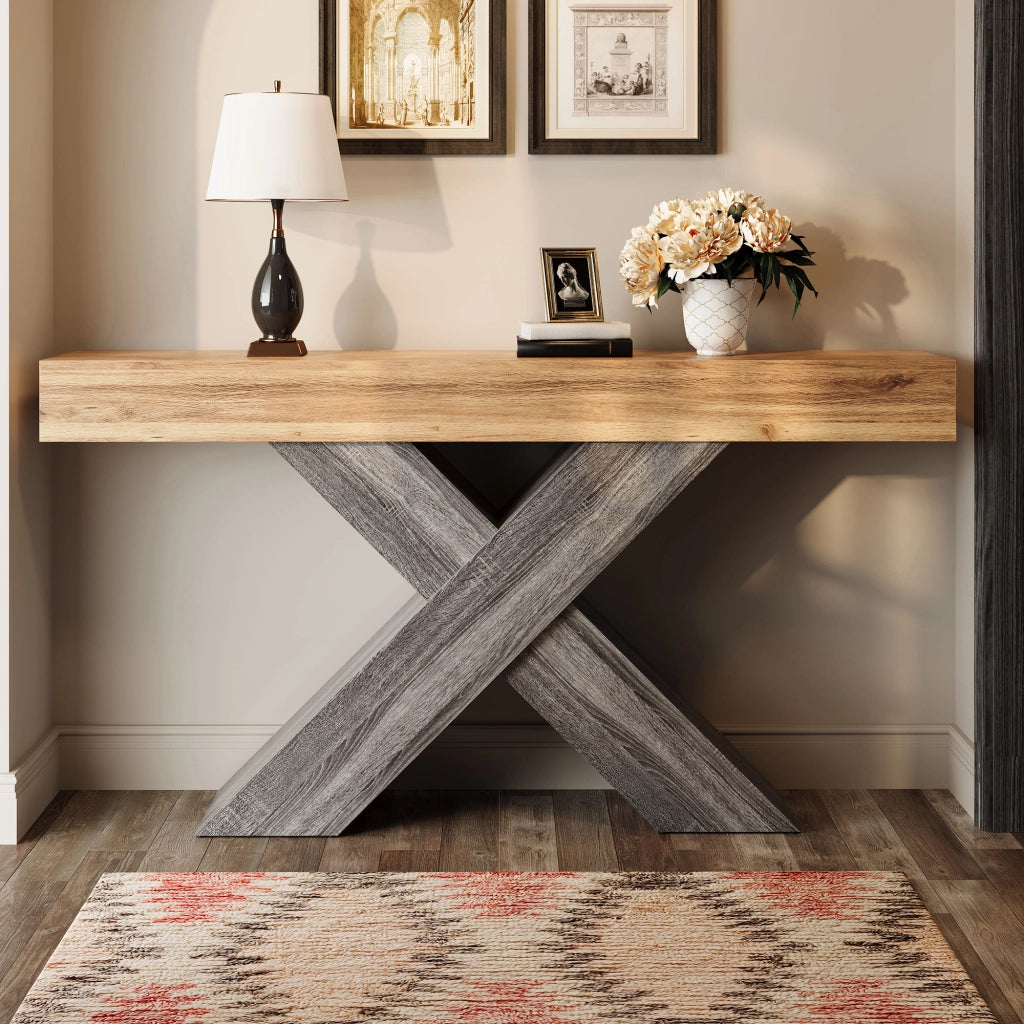 Consolle con struttura a X in pannello truciolare effetto legno naturale per ingresso e soggiorno 140 × 30 × 80 cm