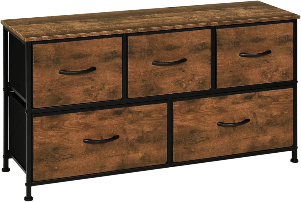 Cassettiera Camera da Letto, Cassettiera con 5 Cassetti a 2 Livelli in Tessuto, Mobile con Cassetti Industriale, Struttura in Metallo e Legno, Marrone Rustico, 100x30x54cm, SSK005hov