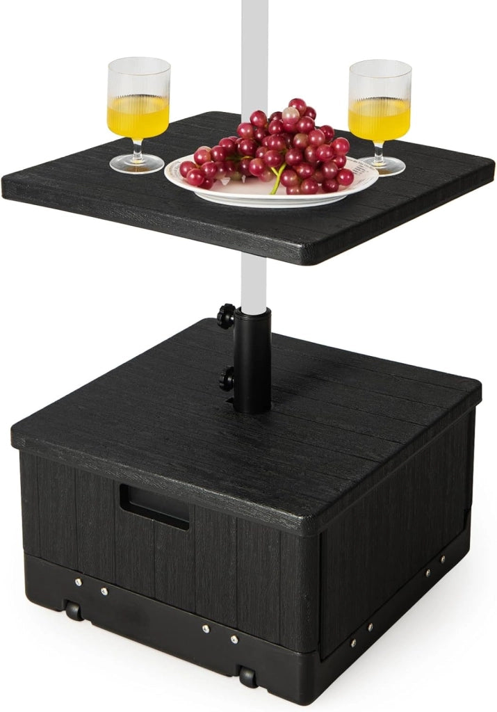 Base per Ombrellone, con Tavolino e Sacca Ponderata, Supporto per Ombrellone 45L, 67 kg di Sabbia, Vassoio, Ruote, per Ombrellone 38 mm/48 mm (Nero)