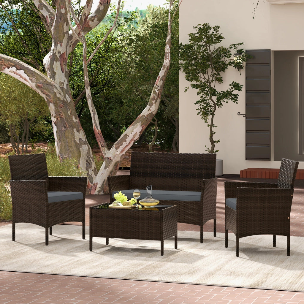 Set da conversazione in rattan per patio 4 pezzi con cuscini morbidi, Mobili da esterno modulari per giardino e veranda Grigio