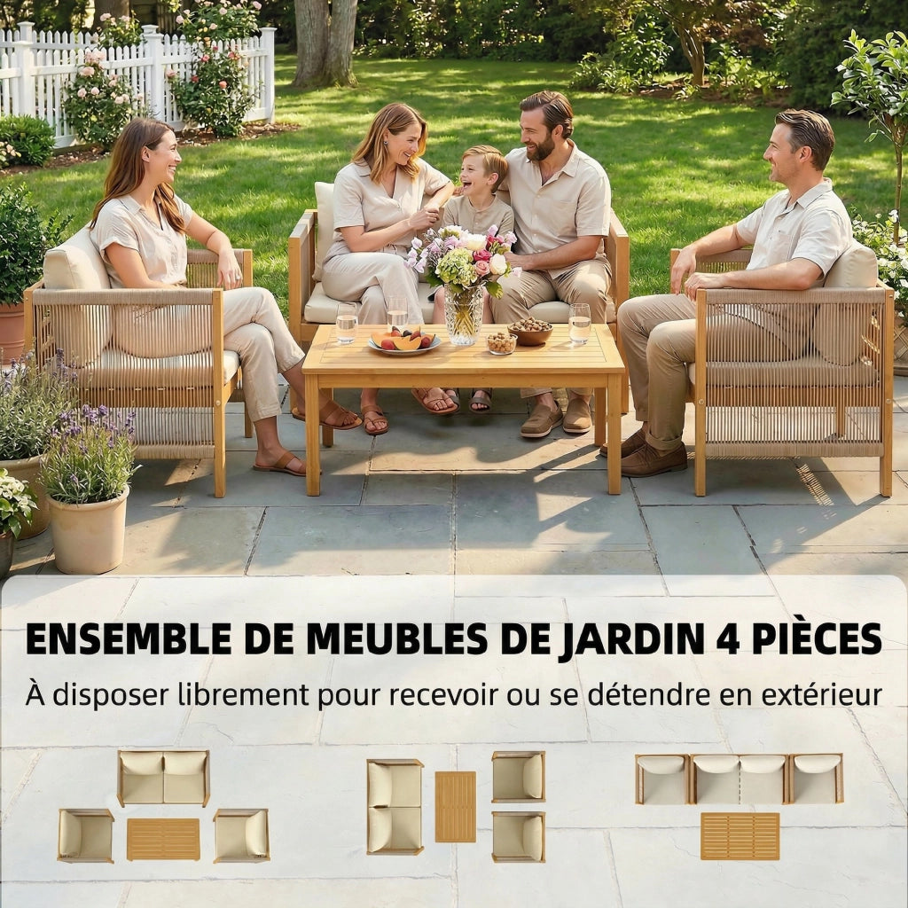 Set Giardino 4 Pezzi Legno Acacia Cuscini Esterni ¨C zephmum ¨C Corde Tessute Naturali