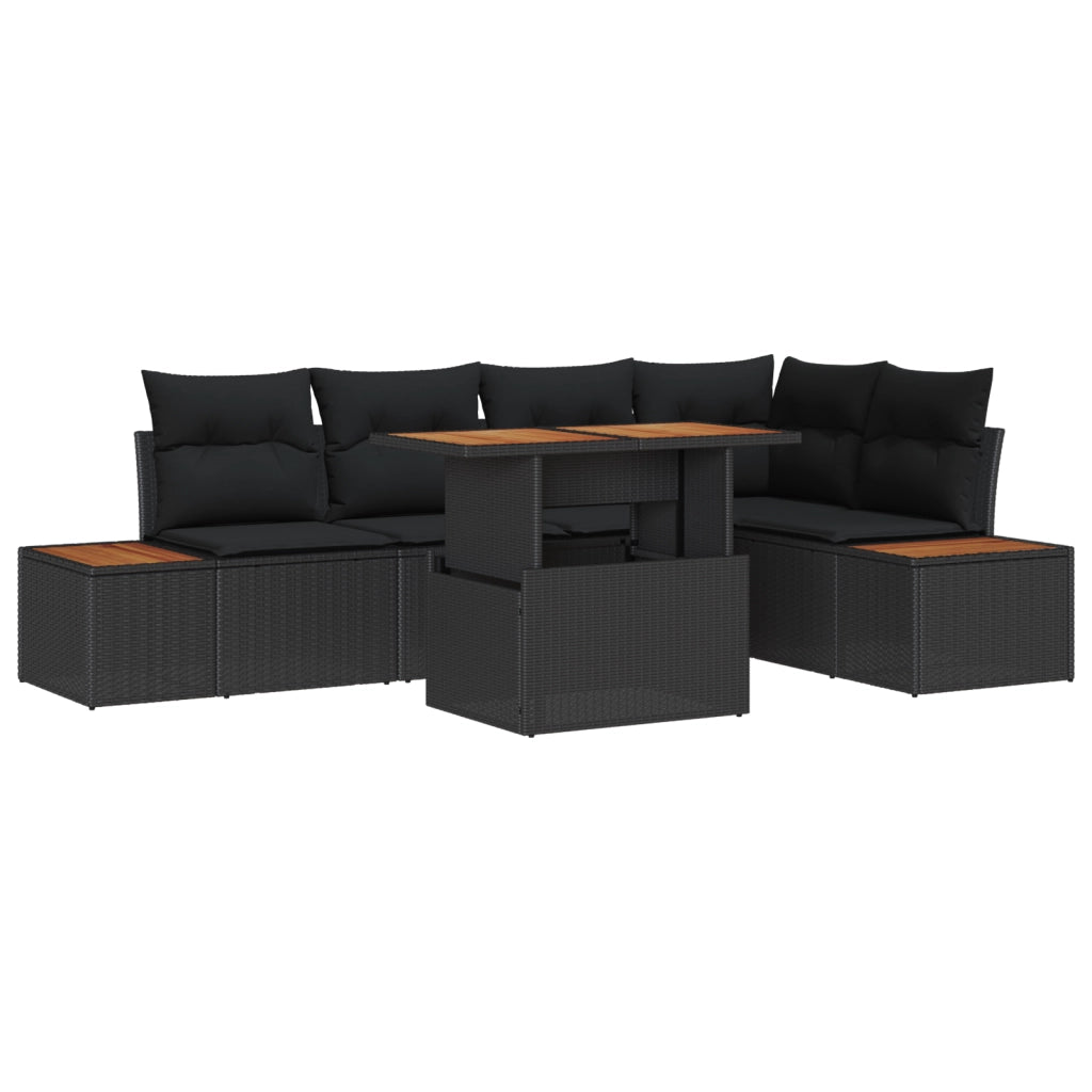 Set da Pranzo da Giardino con Cuscini da 6 Pezzi Nero in Polyrattan e Acacia