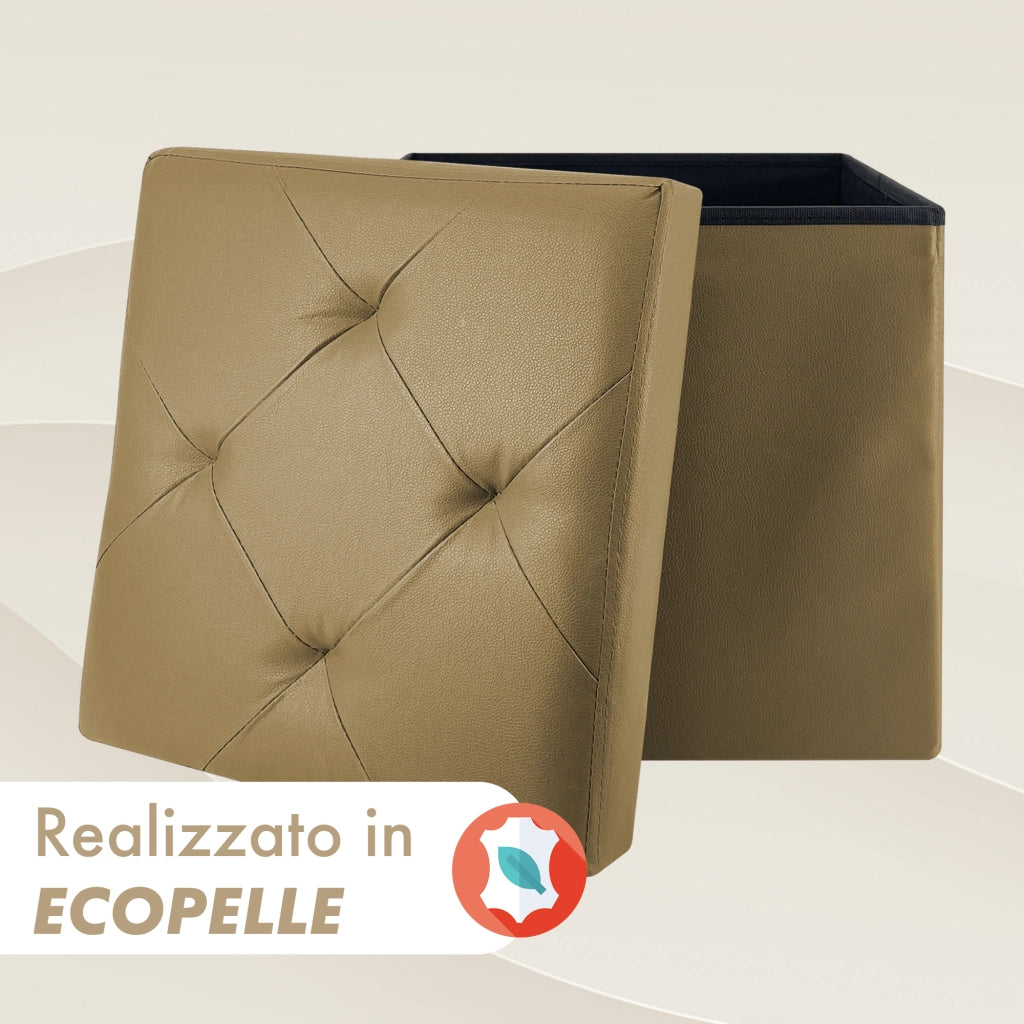 Pouf Poggiapiedi In Ecopelle 2 In 1 Contenitore 38x38Cm Quadrato Salotto Sgabello Camera Soggiorno Portaoggetti Design Moderno Complemento D'arredo Portaoggetti Panca Ingresso  Tortora