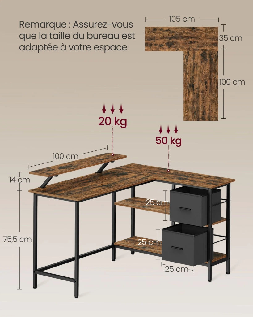 Scrivania a L con 2 ampi cassetti 105 x 135 x 89,5 cm scrivania da gioco con supporto per monitor scrivania angolare scrivania per computer con ripiano regolabile marrone 12_0004617