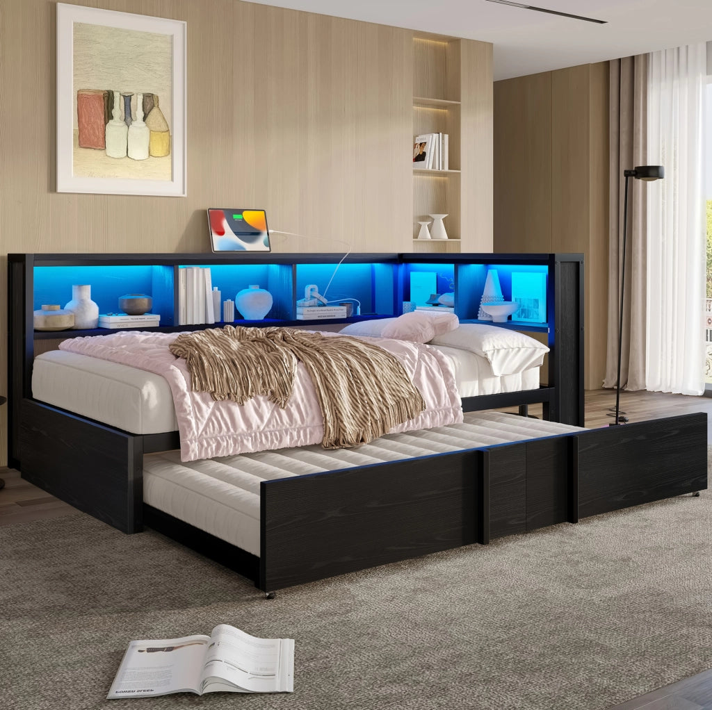 Letto da giorno 90x200 cm con letto estraibile; LED e prese USB in MDF e metallo nero