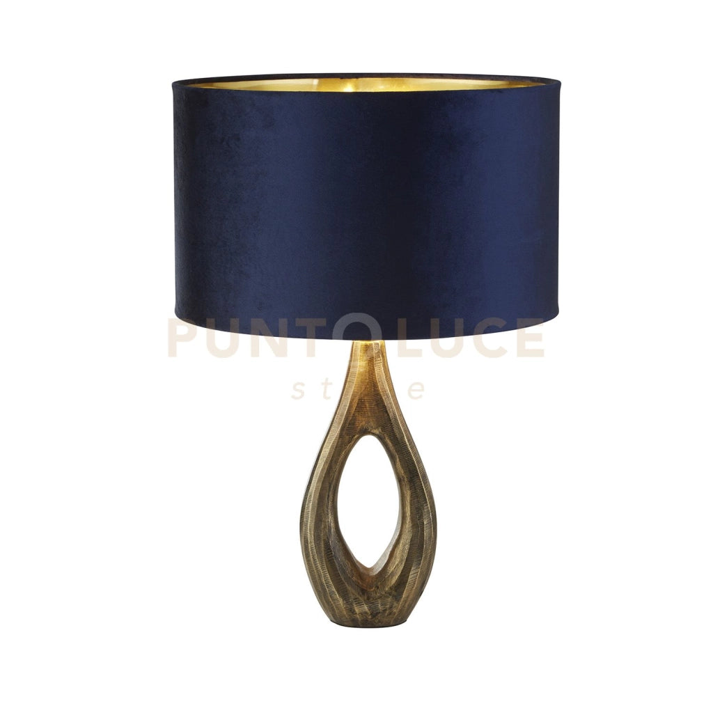 Lampada da tavolo Bucklow - Metallo ottone anticato e paralume in velluto blu navy