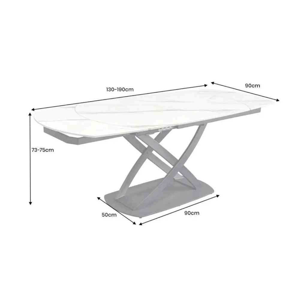 Tavolo ATONIA – Ovale estensibile 130 a 190 cm – Piano in ceramica effetto marmo bianco – Piedi in metallo – Stile moderno