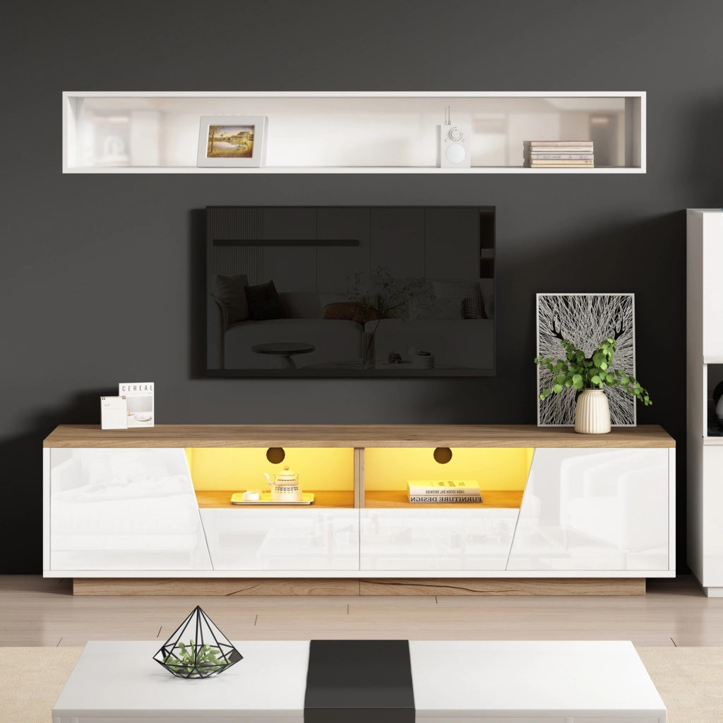 Mobile TV LED 180x40x46 cm bianco e legno con 2 ante e 2 cassetti