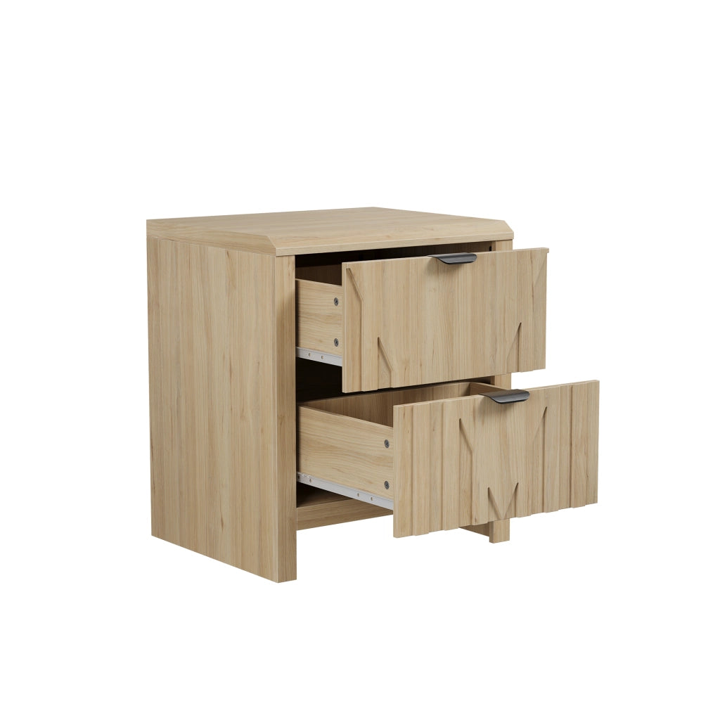 Comodino con 2 cassetti in finitura rovere, stile mid-century moderno con maniglie in metallo, 1 pezzo