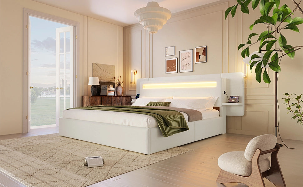 Letto imbottito 180x200 cm in lino beige con contenitore; LED multicolore e presa USB