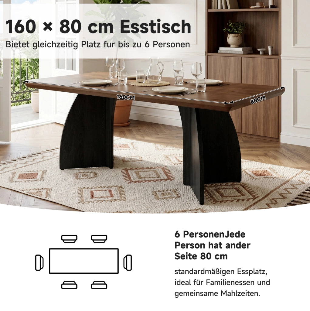 Tavolo da pranzo 160x80 cm in MDF color noce con gambe nere; stile moderno per 4-6 persone