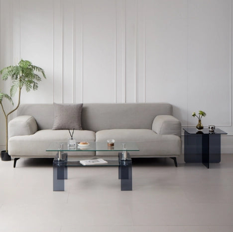 Tavolino basso in vetro temperato con 2 ripiani, gamba grigia, per soggiorno, trasparente, 100 × 55 × 45 cm