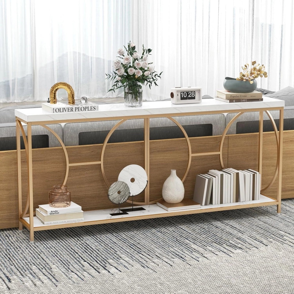 Consolle effetto marmo artificiale, console per mobili, 180 x 30 x 80 cm, 2 livelli, cornice geometrica, piedini regolabili, armadietto corridoio, soggiorno, bianco e oro