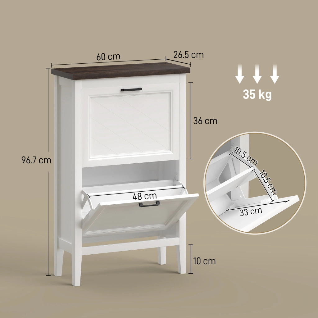Scarpiera Country con 2 Cassetti Ribalta. Ripiani Regolabili. Design Bianco.