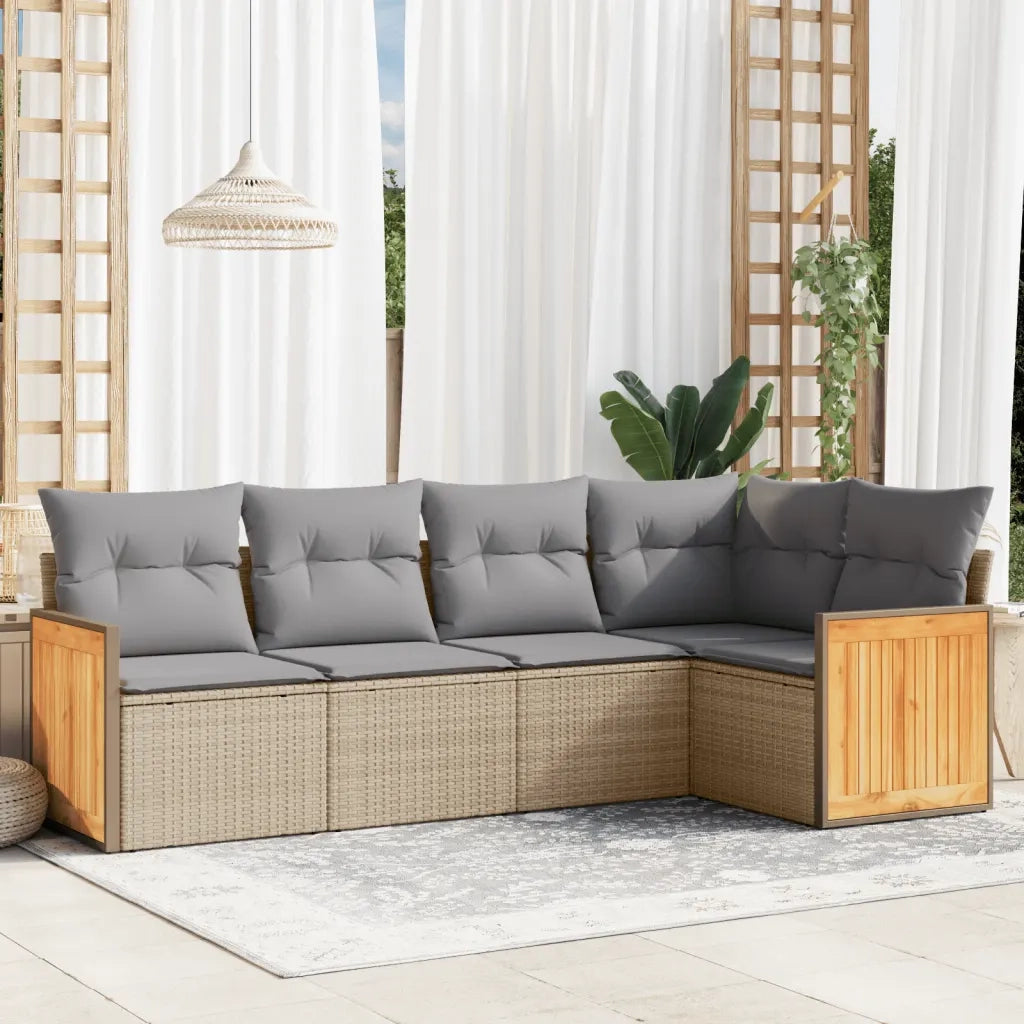 Set Divano da Giardino 5 pz con Cuscini-Sofa da Giardino-Divanetto da esterno Beige in Polyrattan 895196