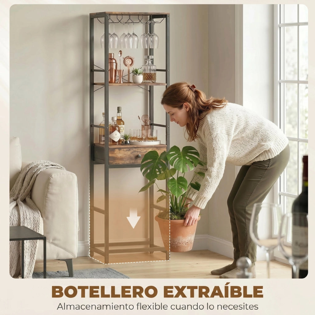 Tavolo da bar con supporto per bicchieri e cassetto per bottiglie ¨C zephmum ¨C marrone rustico